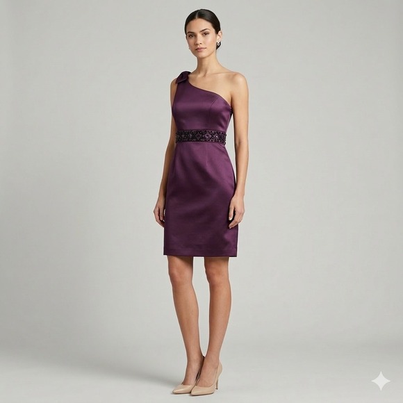 Tahari Arthur S. Levine Dresses & Skirts - Tahari One Shoulder Satin Dress Womens 12 Purple Beaded Cocktail Evening